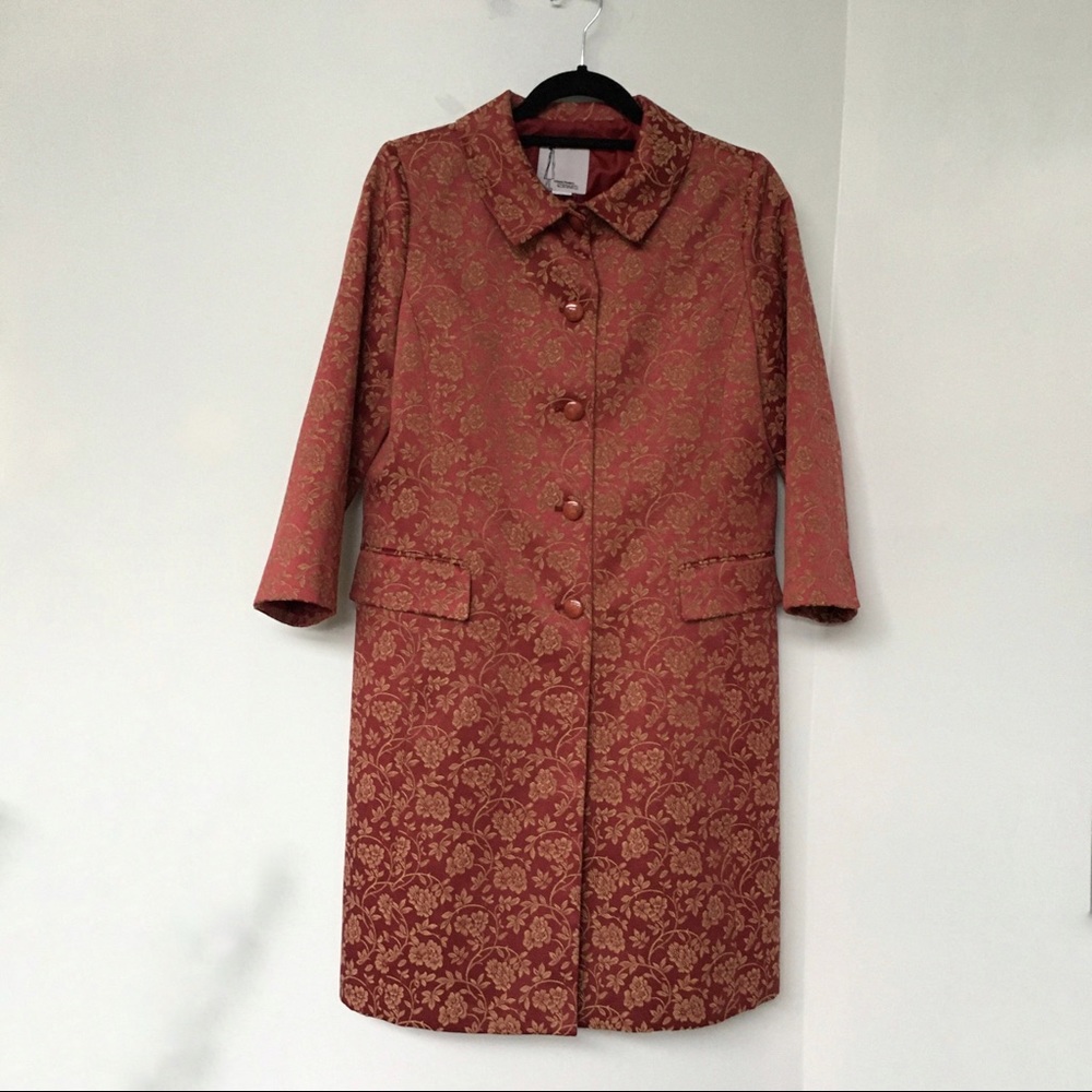 Rennes Coat Red Gold Floral vine pattern Fitted Knee Length Button Up Lined